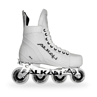 Alkali Cele adjustable roller hockey skates with Hi-Lo aluminum chassis and 82A Loki outdoor wheels, shown in profile view.