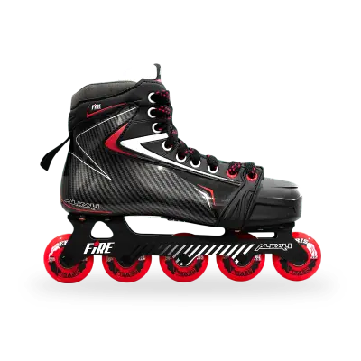 Alkali Fire 1 Goalie Skate showing Pro Composite One-Piece boot, Eris wheels, and goalie chassis in profile view