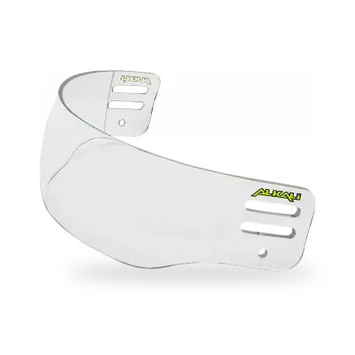 Alkali RPD Zenith Straight Helmet Visor in transparent polycarbonate with anti-fog and scratch-resistant coating, standing 2.75 inches tall at centre, shown with included mounting hardware on white background — T3 Sports India