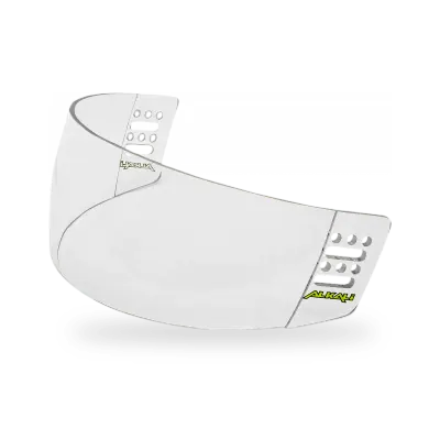 Alkali Visium hockey helmet visor in clear Lexan polycarbonate with pro-straight cut and dual side mounting slots, shown against a white background