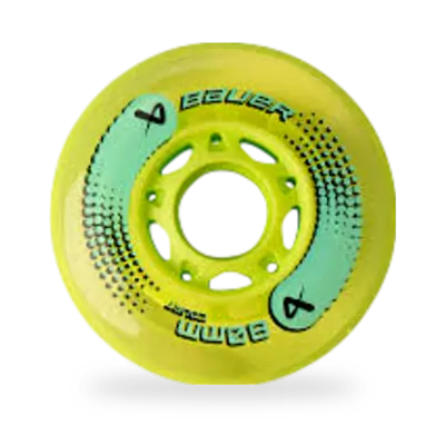 Bauer Court 76A Roller Hockey Wheels 4-Pack in white and blue urethane, designed for indoor sport courts, wood, and smooth concrete surfaces, showing four wheels laid flat against a clean background.