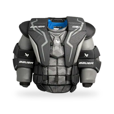 Bauer GSX Chest Protector shown front-facing, entry-level goalie gear with improved belly wrap system
