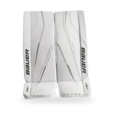 Bauer GSX Goal Pad in white and black, showing StabiliFlex knee block and low-friction outer facing, available at T3 Sports India.