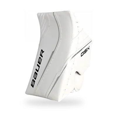 Bauer GSX Intermediate Goalie Blocker in white and black colorway showing Vapor-inspired foam board, F1 optimized side plate, Supreme-Dimension Nash palm, stretch gussets, and asymmetrical wrist cuff, available at T3 Sports India.