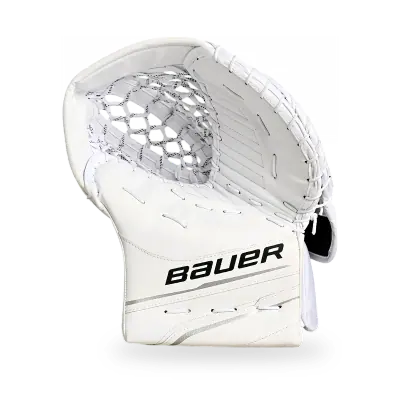 Bauer GSX Goalie Catcher in white and black colourway showing the Max-Depth T Trap skate lace pocket, Supreme R.O.M wrist strap, overlapping pinky finger stall, and reinforced synthetic leather cuff, available at T3 Sports India.