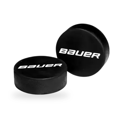 Bauer regulation ice hockey puck, 76 mm diameter, 170 g, vulcanised rubber construction, black, tournament standard.