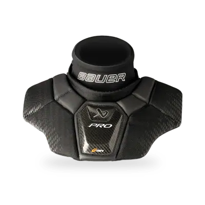 Bauer Pro Certified Neck Guard showing Kevlar inner lining and extended CURV composite collar wings on white background