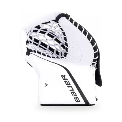 Bauer Prodigy junior goalie catcher showing Double-T skate lace pocket and one-piece cuff, front view
