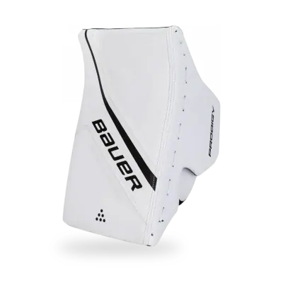 Bauer Prodigy Youth Goalie Blocker showing dual-layer board face, Nash Ivory palm, and neoprene wrist cuff