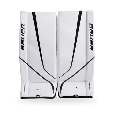 Bauer Prodigy Youth Goalie Pad in white and black colorway showing reinforced knee stack and hook-and-loop strap system
