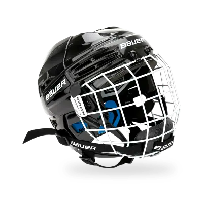 Bauer Prodigy Youth Helmet Combo in red and black showing quick-release steel wire cage and adjustable youth shell