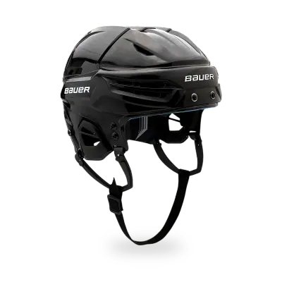 Bauer RE-AKT 55 ice hockey helmet in white and black, showing rear MONOLOCK dial and low-profile shell design.