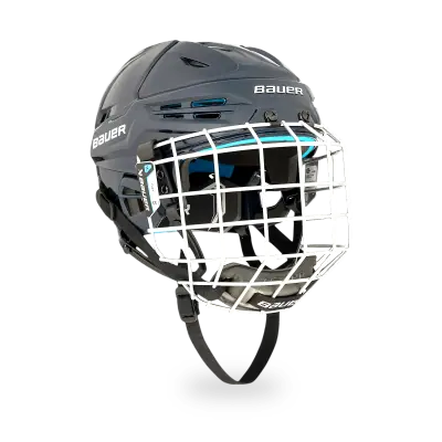 Bauer RE-AKT 55 Helmet Combo in black with steel wire cage, front three-quarter view on white background