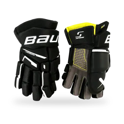 Bauer Supreme M3 Junior Hockey Gloves in black and white, showing pre-curved backhand and Shotboost finger segments