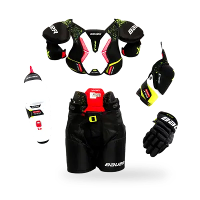 Bauer Vapor X-TEND 4-piece junior protective kit showing shoulder pad, elbow pad, shin guard, and pants on white background