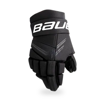 Bauer X Glove ice hockey protective glove in black and white, showing backhand PE insert and TAKTILE palm