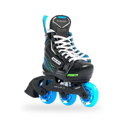 Bauer X-LP Adjustable Junior Roller Hockey Skates in white and black, medium-volume nylon boot with injected plastic outsole, beginner junior fit
