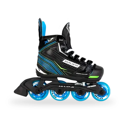 Bauer XLP Adjustable Junior Inline Hockey Skate with Hi-Lo outdoor wheels and removable rear brake arm, side profile view