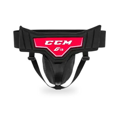 CCM Goalie Pelvic Protector 1.9 showing hard-shell ABS cup, multi-density foam padding, and elastic waistband in Senior sizing