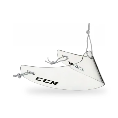 CCM Lexan clear polycarbonate goalie throat guard shown from front angle, displaying curved shell and dangling attachment straps