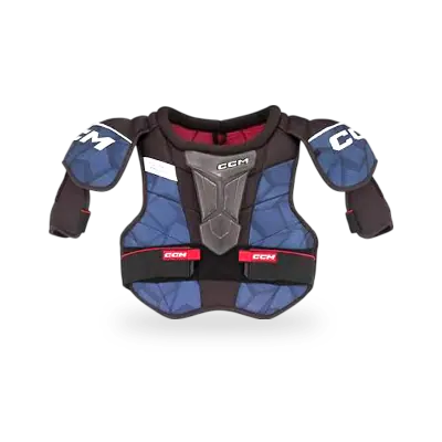 CCM Next Shoulder Pad in white and black, showing floating sternum plate and adjustable bicep guards, front view