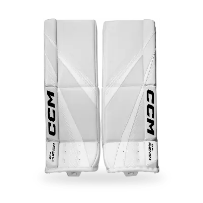 CCM Phenom Junior Goalie Pads in JR 28+1 size showing LITECORE foam core and ADPTFIT strapping system