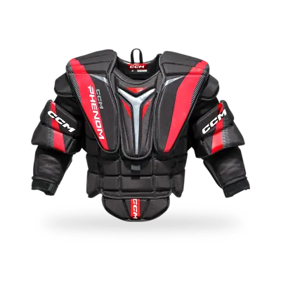 CCM Phenom Junior Goalie Chest and Arm Protector in white and black, showing segmented shoulder floaters and PE foam arm sections