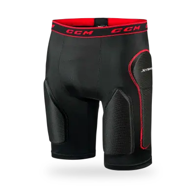 CCM RBZ 110 Roller Hockey Girdle in black stretch polyester showing perforated foam hip and thigh panels, HD foam tailbone pad with PE insert, 1.5-inch elastic waistband, and included performance athletic cup with leg loops — available at T3 Sports India.