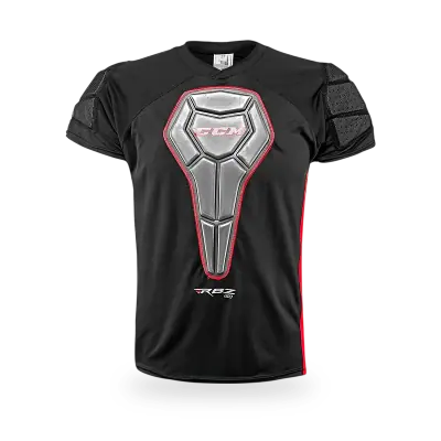 CCM RBZ 150 Hockey Padded Shirt (Model RPS150) displayed front-facing showing exposed U-Foam sternum panel, segmented perforated bicep foam zones, and lightweight stretch mesh compression base layer in CCM branded colourway, available at T3 Sports India.