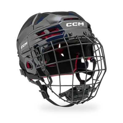 CCM Tacks 70 Combo Helmet Senior in black with FM70 cage facemask attached, viewed from front-left angle