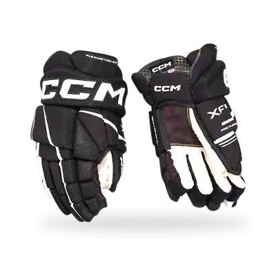 CCM Tacks XF 80 Junior Hockey Glove in black and red showing backhand PE inserts and Nash Palm, 290 g