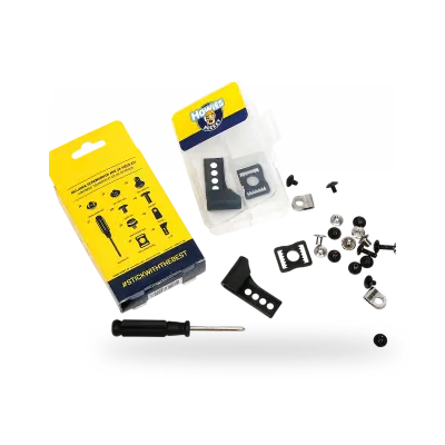 Howies Helmet Repair Kit showing 26 components including cage posts, visor clips, and fasteners for hockey helmet restoration