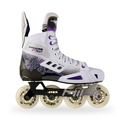 Mission Inhaler FS2 right-hand inline hockey skate in black and grey, carbon boot with Labeda wheels, side profile view