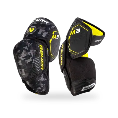 Bauer Supreme M3 Senior Hockey Elbow Pads in white and navy showing 2-piece cap and split forearm construction