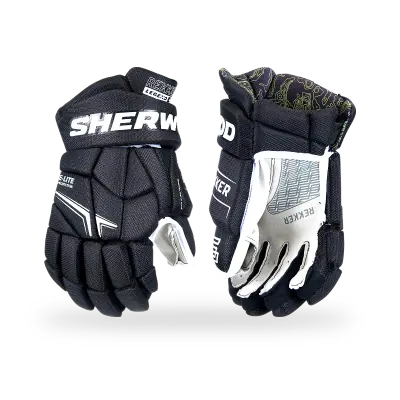 Sherwood Rekker Legend 4 Hockey Gloves in gray and black showing contoured backhand and synthetic nash palm