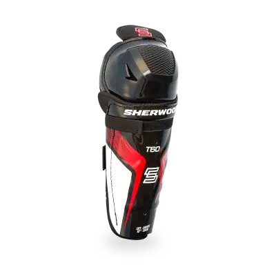 Sherwood T60X Junior Shin Guards shown in pair, displaying hard ABS outer cap and removable sublimated liner detail