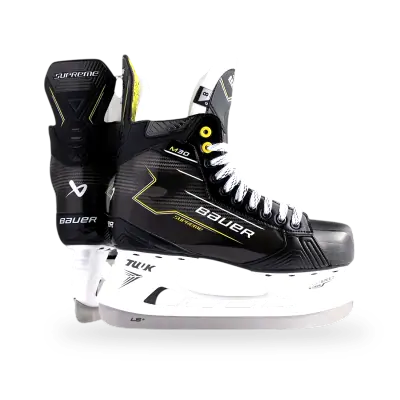 Bauer Supreme M30 ice hockey skate in white and black featuring LS EDGE holder and DIGI COMP boot construction
