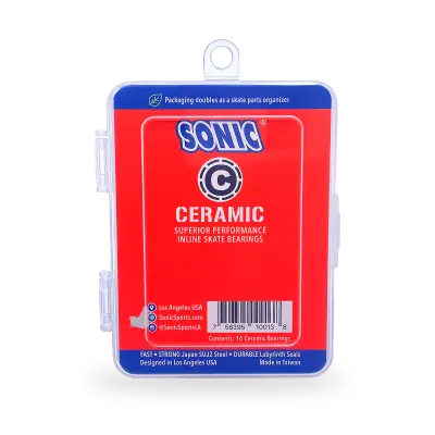 T3 Sports Sonic Ceramic Bearings with Si3N4 balls and removable non-contact seals, shown with zero-waste organiser packaging