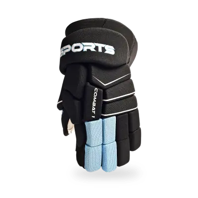 T3 Sports Combat 1 Hockey Gloves showing dual-colour segmented foam finger rolls and two-tone split-leather palm with reinforced gussets