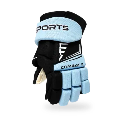 T3 Sports Combat II Hockey Gloves in blue and black showing full-blue segmented finger protection and expanded cuff panel