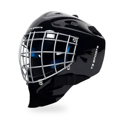 T3 Sports Goalie Helmet in gloss black showing full-wrap ABS shell, silver steel wire cage, and blue lateral foam pads