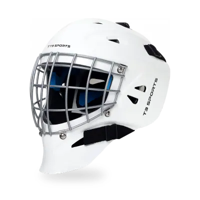 T3 Sports Goalie Helmet in gloss white showing full-wrap ABS shell, silver steel wire cage, and blue lateral temple pads