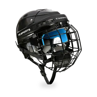 T3 Sports Hockey Helmet Combo in gloss black showing ABS shell, steel wire cage, and dual-density foam interior with blue lateral pads