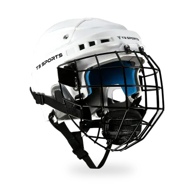 T3 Sports Hockey Helmet Combo in white, showing ABS shell, steel wire cage, and rear dial fit system, front three-quarter view