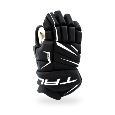 True Hockey Catalyst 5X hockey glove in black showing Nash palm and PE-reinforced back-hand, front and side view