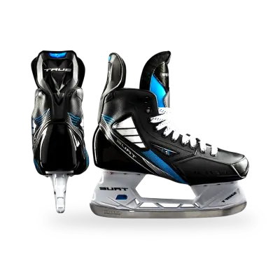 True TF7 ice hockey skate with TRUESHELL fiberglass boot and SHIFT holder, shown in white and black colorway