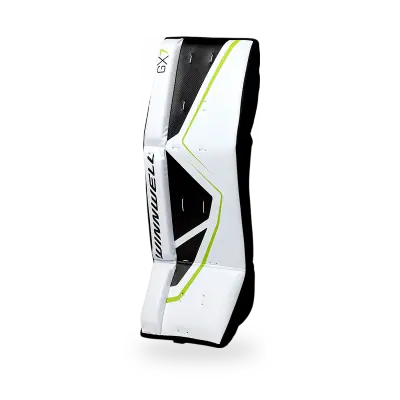 Winnwell GX7 Street Goalie Leg Pads showing microfiber outer face, deep leg channels, and adjustable knee pad system