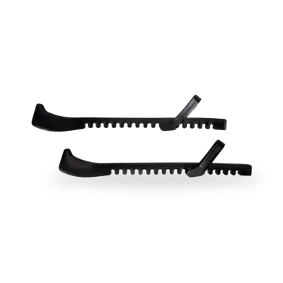 Winnwell single-piece universal skate guards protecting hockey and figure skate blades off-ice on hard floor surfaces