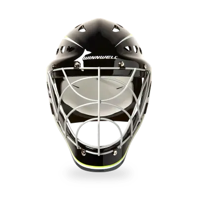 Winnwell Street Hockey Goalie Mask Premium showing welded steel cage and ABS shell with elasticized straps and tie-on throat protector